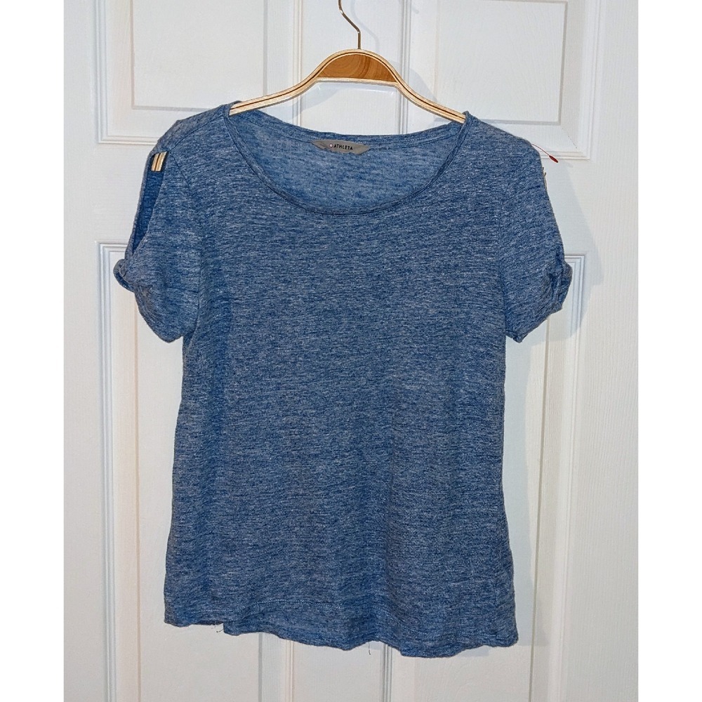 Athleta Linen Tee Shirt Short Sleeve Casual Top Blue Comfy Cold Shoulder Small